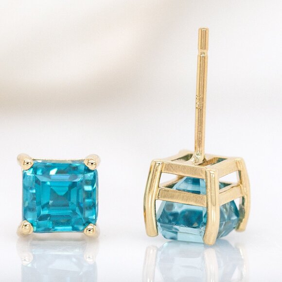 5.2cts Cambodian Blue Zircon Stud Earrings in 14K Solid Gold | 6mm - Picture 8 of 8